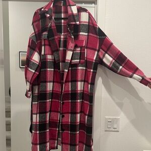 Red and Black Plaid Long Shirt Jacket
